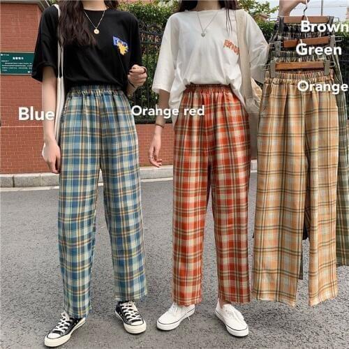 Summer Fashion Plaid Wide Leg Pants For Women Casual Loose High Waist Straight Long Trousers Streetwear school Girl Pants Femme