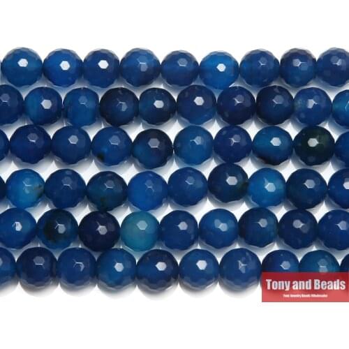 15" Natural Stone Faceted Blue Agates Round Loose Beads 6 8 10 12MM Pick Size For Jewelry Making