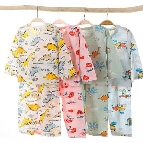 Childrens Summer Pajamas Suit Breathable Cotton Pajamas Suit Thin Long Sleeve Mens and Womens Wear Pajamas Sleepwear