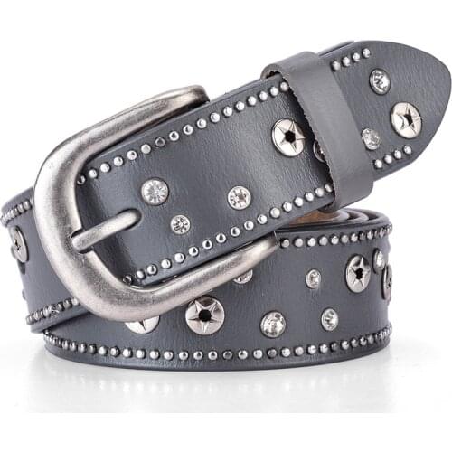 Four Seasons Fashion Women Belt Real Leather Rivet Crystal Stone Inlaid Pin Buckle Casual Versatile Pants Skirt Collocation