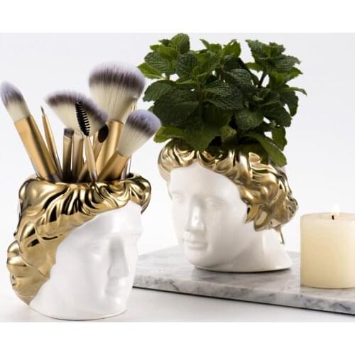 Nordic Human Figurine Ceramic Desktop Organizer Storage Canister Makeup Brush Holder Pen Holder Mini Succulent Flower Pot