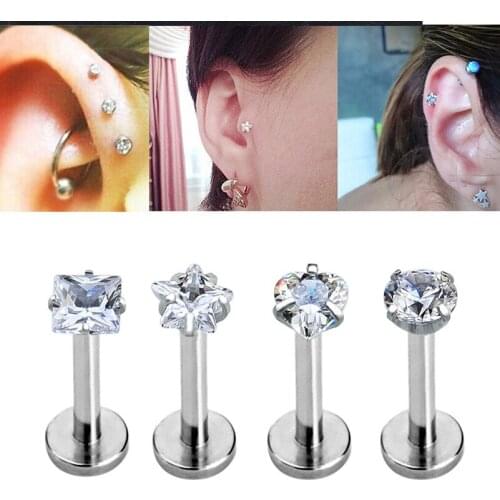 5pcs/lot Surgical Steel Screw Nose Ring Body Piercing Labret Lip Piercings Jewelry Heart Crystal Cartilage Tragus Ear Bone Stud