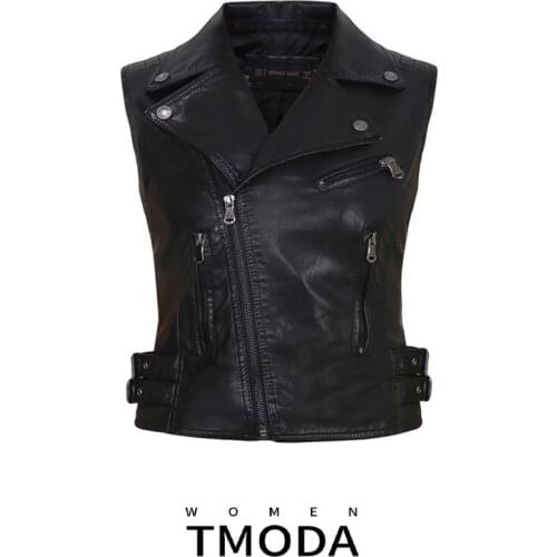 TMODA247 New Fashion Women Spring Autunm Black Faux Leather Vest Jackets Lady Bomber Motorcycle Cool Outerwear Zipper Coat