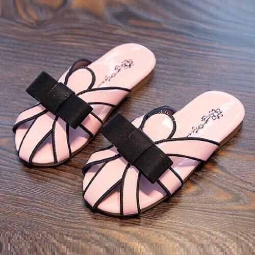 New Summer Children Sandal Princess Girl Slippers Bowtie Cut Out Kids Anti Skid Slippers Beach Shoes Big Girl Flats Leather Shoe