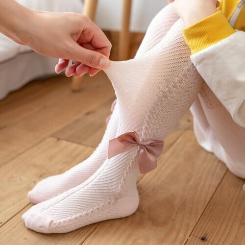 Fashion Bowknot Tights for Girls Thin Mesh Summer Pantyhose Children Cute Pink Soft Cotton Newborn Baby Stockings Fit 0-6 Yrs