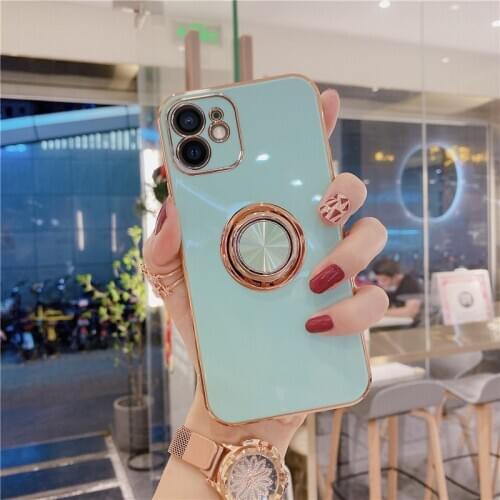 Mint Silicon Case for iPhone 12 mini 11 Rro Max Luxury Gold Plated Electroplate Grip Ring Cover for iPhone XR X XS 7 8 Plus Case