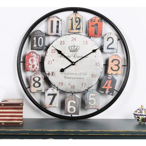 European style wrought iron retro wall clock bedroom home living room European style metal hollow round clock home decore