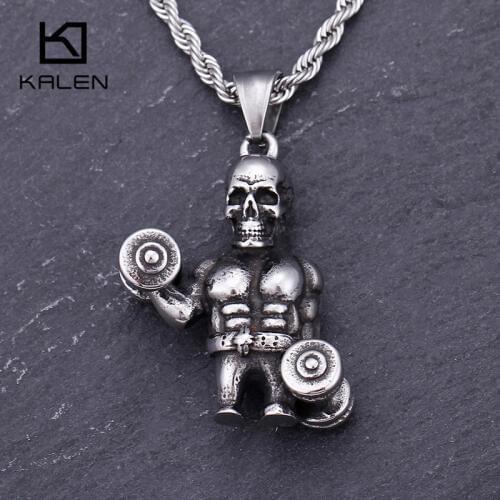 Stainless Steel Punk Skull With Dumbbells Pendant Necklace Punk Skull Weightlifting Fitness Chain Necklace Sporty Jewelry