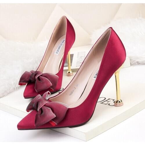 Pointed sexy high-heeled shoes with bows womens single shoes satin was thin Wedding Party High Heels OL womens shoes O6-36