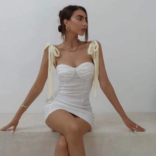 BaoZhuo Fashion Elegant Bow Prom Dresses 2021 Boho Sexy Sleeveless Summer Party White Bodycon Short Dress Women Vintage