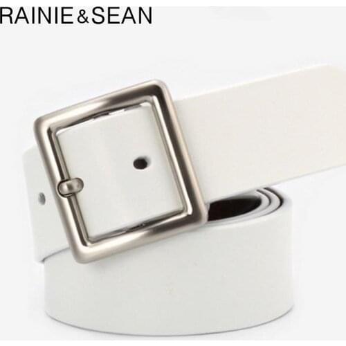 RAINIE SEAN White Belt Women Real Leather Belts For Women Pin Buckles Cowskin Red Black Camel Waist Belt Ladies