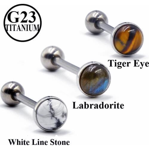 BOG-1PC G23-Titanium Barbell Labradorite Tiger Eye White Line Stone Tongue Barbell Ring Tongue Piercing Bar Body Jewelry 14G