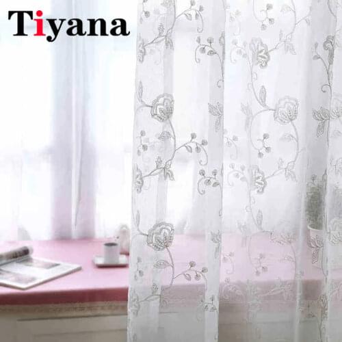 White Floral Sheer Curtain for Window Living Room Kitchen Curtain Drapes Embroidery Leaf Tulle For Sliding Door Panels P144Z