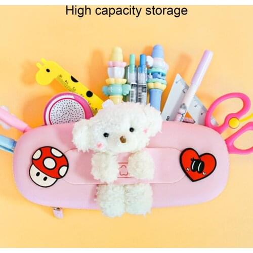 Large Capacity Pencil Pouch with Plush Bear Silicone Stationery Bag Pencil Case School Supplies