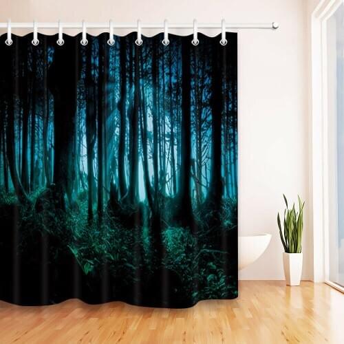 Waterproof Fabric Horror Forest Shower Curtain Halloween Night Bathroom Hooks