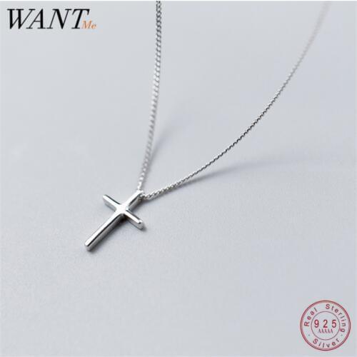 WANTME Genuine 100% 925 Sterling Silver Vintage Ethnic Glossy Cross Pendant Choker Necklace for Women Femme Party Jewelry Gift