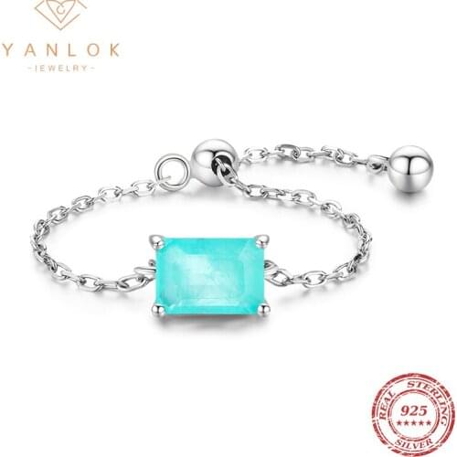 YANLOK Trendy 925 Sterling Silver Rectangle Paraiba Tourmaline Chain Adjustable Rings For Women Fine Jewelry Anel Christmas Gift