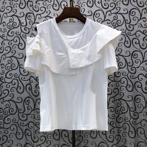 2021 Summer New Solid All Match O Neck Ruffled Shoulder Slim Short Sleeve T-shirt Womens Top U089