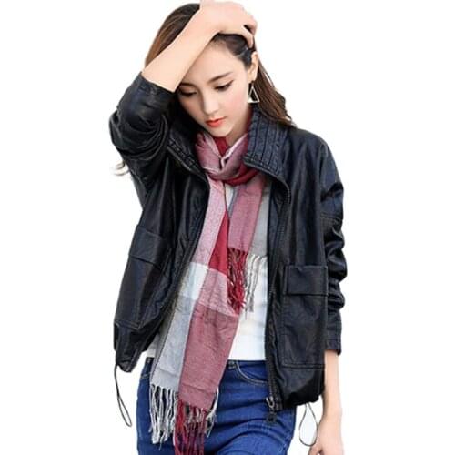Womens Leather Jacket 2021New Spring Autumn Motorcycle PU Leather Short Jacket Loose Thin Small All-Match Leather Outerwear