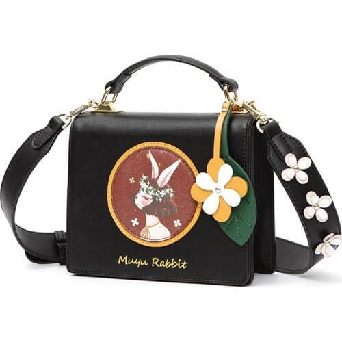 Women Leather Embroidery Handbags Girl Shoulder Bags Messenger Bag Female Totes Braccialini Style Handicraft Cartoon Moon Rabbit