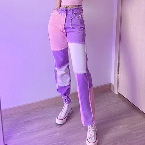 2020 New Hip Hop Autumn Blue/Pink Patchwork Jeans Women High Waist Hip Hop Straight Jeans Ladies Trousers Female Denim for Woman
