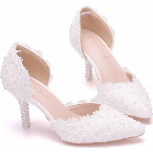 Crystal Queen 7cm White Pink Multicolour Lace Wedding Shoes Heels Pumps Women Thin Platform Wedding Shoes Party Heel Sandals