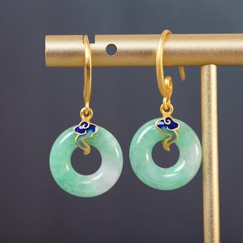 Uglyless Eastern Cultural Bring U Safeness Peace Buckles Earrings for Women Real Jade Earrings 925 Silver Brincos Enamel Jewelry