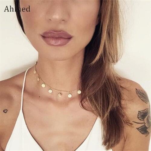Ahmed Bohemian Simple Copper Sequins Pendant Choker Necklace For Women Fashion Jewelry Collar Bijoux Collier Femme