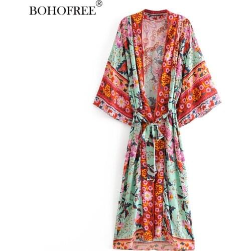 100% Cotton Floral Print Maxi Hippie Robes Casual Batwing Sleeve Loose Fit Bohemian Boho Vestdiso Women Kimonos
