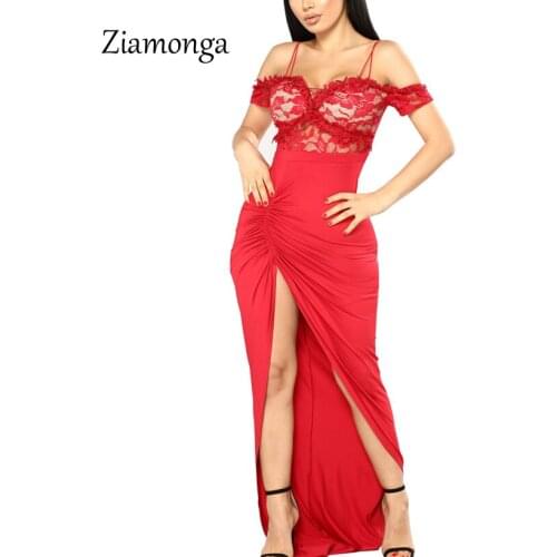 Ziamonga Chic 2018 New Women Elegant Lace Dress Sexy Off Shoulder Slim Skinny Maxi Split Party Dress Vintage Long Dress Vestidos