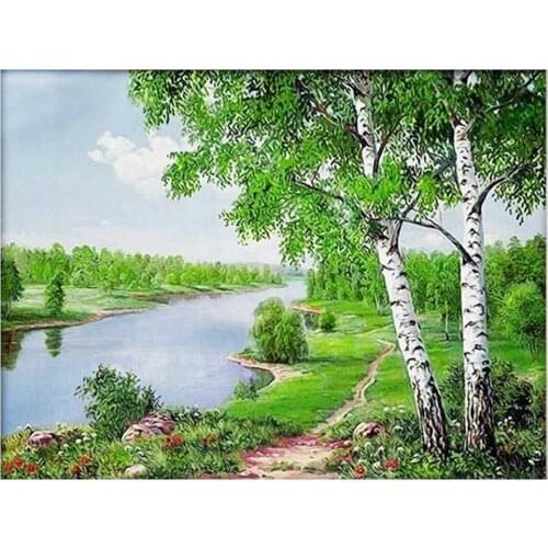 5D Diamond DIY Mosaic Landscape Diamond Painting Birch Trees Full Set Diamond Embroidery River Pictures Of Rhinestone