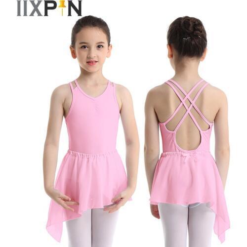 Kids Girls Gymnastics Leotard ballet Skirt dance dress for Child Sleeveless Criss-cross Back Chiffon dress Ballet Dance costumes