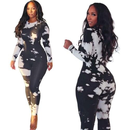 Kalenmos Sexy Tie-dye Printed Jumpsuit Women Round Neck Long-sleeved Casual Bodysuit Tight-fitting Fashion Nightclub Clothes