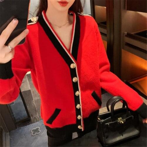 Contrasting Color Knitted Cardigan Women Loose Lazy Casual Red Sweater Coat V-Neck Striped Autumn Winter Pockets Female