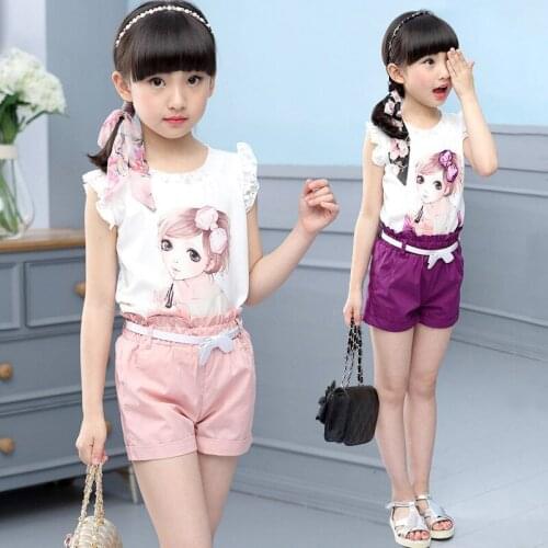 Girl clothes Sets print pattern Embroidery Children Tracksuit kids clothing suit baby Short sleeved t shirt+shorts 2Pcs 2-10 old