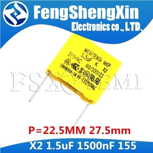 5pcs 1500nf capacitor X2 capacitor 275VAC Pitch 275V 22.5mm 27.5mm X2 Polypropylene film 155 155K 1.5UF Safety capacitors