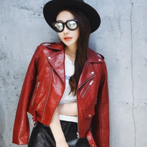 Spring Autumn Women Faux Leather Jacket Ladies Solid With Belt Zipper Biker Coat Female Casual Outwear Y846