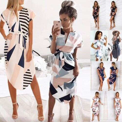 Leosoxs 2021 Summer New Sexy V Neck Womens Dress Casual Fashion Belt Empire Slim Solid Square Shape Print Lady Irregular Dress