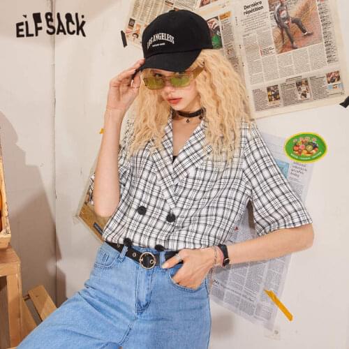 ELFSACK Plaid British Single Breasted Korean Blazer Women Jacket,2021 Summer Vintage Feminism Ladies Daily Short Outwears