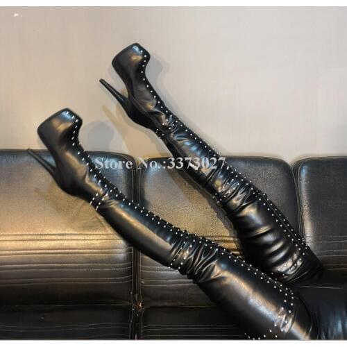 Sexy Black Rivets Platform Thigh High Boots Woman Thin Heels Leather Over the Knee Ladies Long Boots Fashion Studs Club Boots