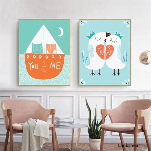 Nordic Style Silk Poster Blue Love Quotes Posters Prints Home Decor Girl Room Scrolls Wall Art Pictures Chook Cats Love Picture