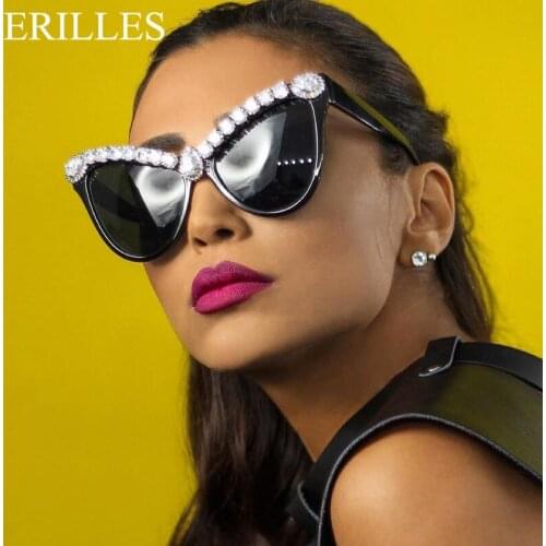 2021 Oversized Diamond Sunglasses Women Cat Eye Rhinestone Luxury Sunglasses Women Brand Designer Eyewear Men Big Vintage Shades