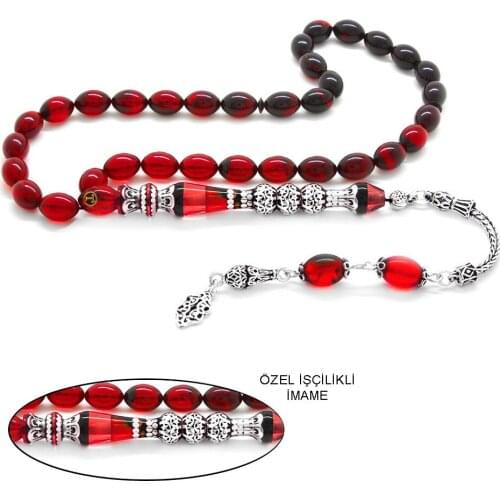Tesbihane 925 Sterling Silver Tassels Silver Three Balconied Nakkaş İmameli Cottage Red Fire Amber Prayer Beads