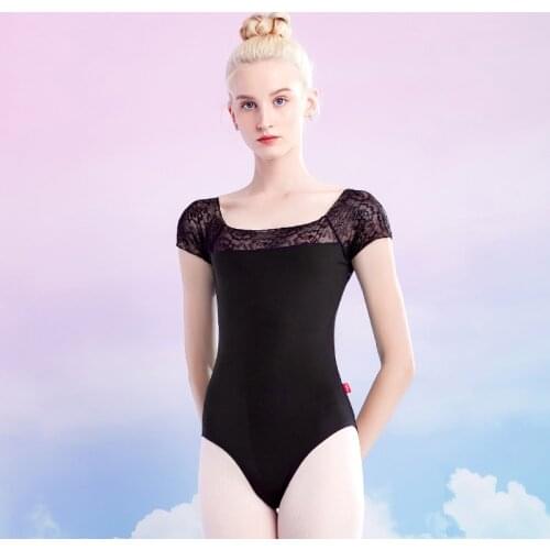 Adult Women Ballet Leotards Boat Neck Dance Wear Girl Lace Short Sleeve Dance Clothes Gymnastics Leotards