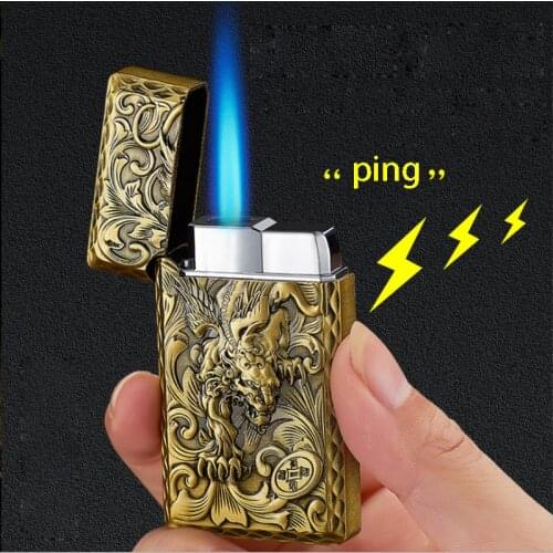 Clear Ping Sound Turbo Jet Cigarette Lighter Creative Torch Metal 3D Relief Gas Inflatable Butane Flame Lighter Best Gift