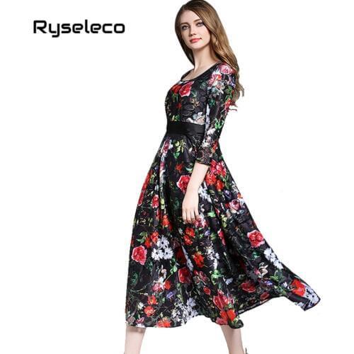 High Quality Women Flower Print Lace Dress 2017 Summer Fall Retro Long Maxi Evening Party Dresses 3/4Sleeve Beach Casual Vestido