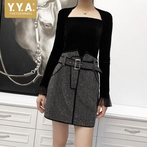 Women Real Leather Suede Sashes A-Line Short Skirts Fashion Office Rhinestone Wrap Skirt Autumn Streetwear Elegant Party Skirt