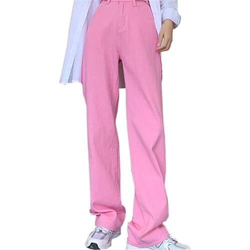 Women Jeans Candy Colors Pink Yellow 2021 Denim Pants High Waist Trouser Mouth Tassel Loose Cowboy Pant Front Zip Wide Leg