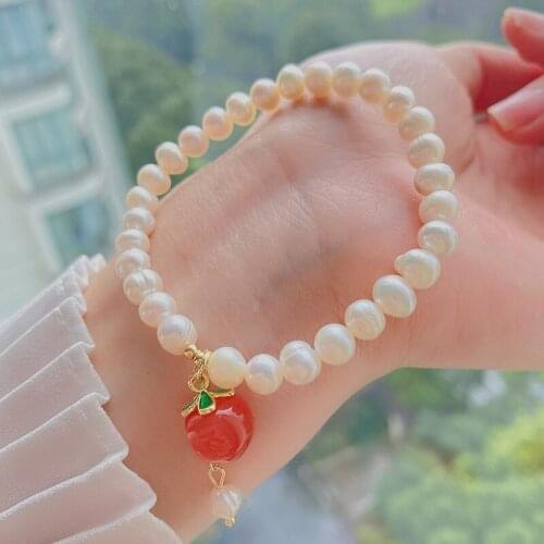 14k Gold Natural Freshwater Pearl Bracelet Female Ins Niche Design Agate Peach Bracelet Jewelry