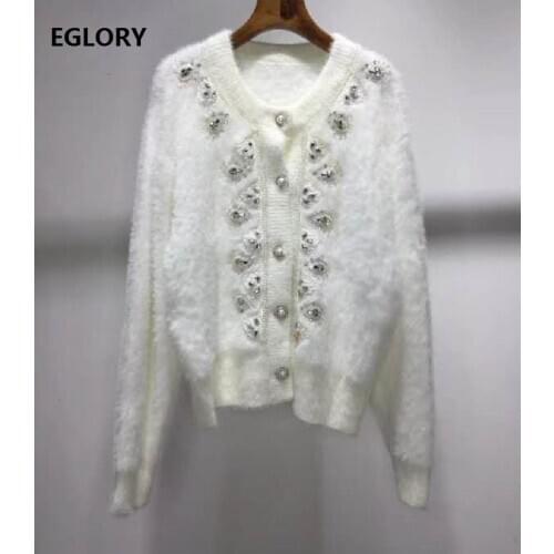 2020 Autumn Winter Fashion Cardigan Jacket Women High Quality Mohair Knitting Beading Deco Long Sleeve Casual Sweater Cardigans